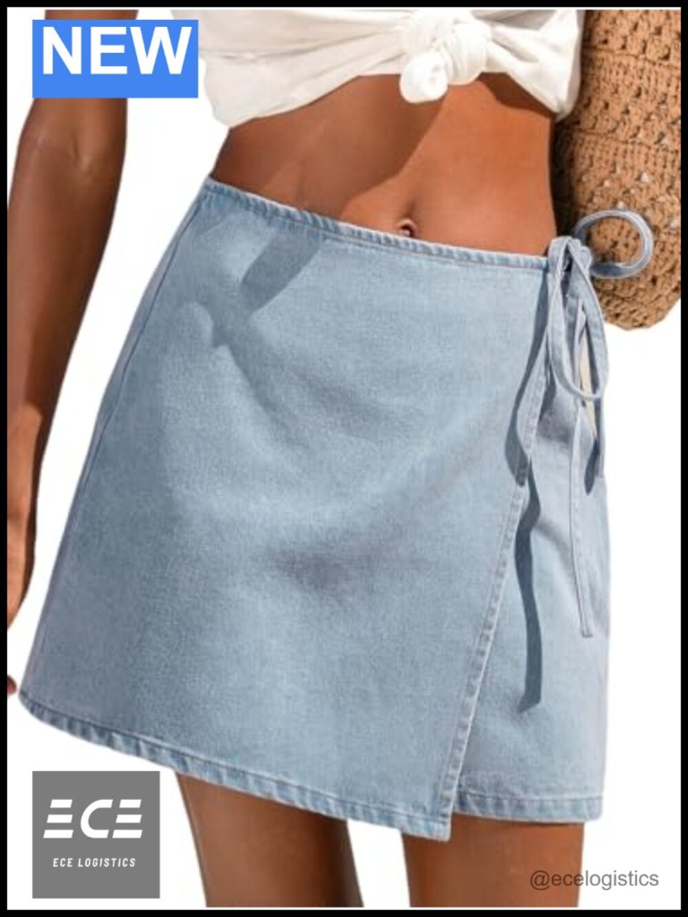 Tie-Up Denim Wrap Mini Skirt High Rise Cotton Blend Women's